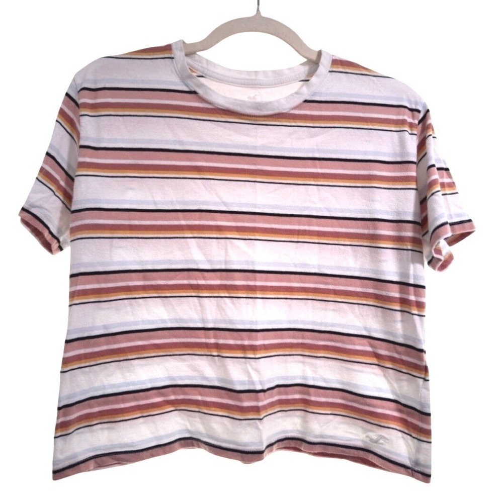 Hollister Cropped Crewneck Tee with Rust, Yellow & Black Stripes